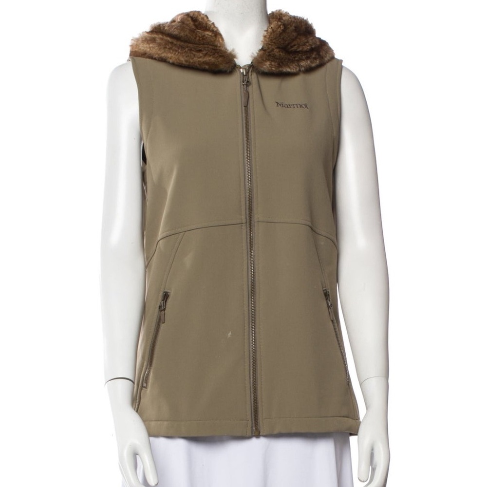 Marmot Womens Furlong Vest-Hooded Brown Faux Fur
